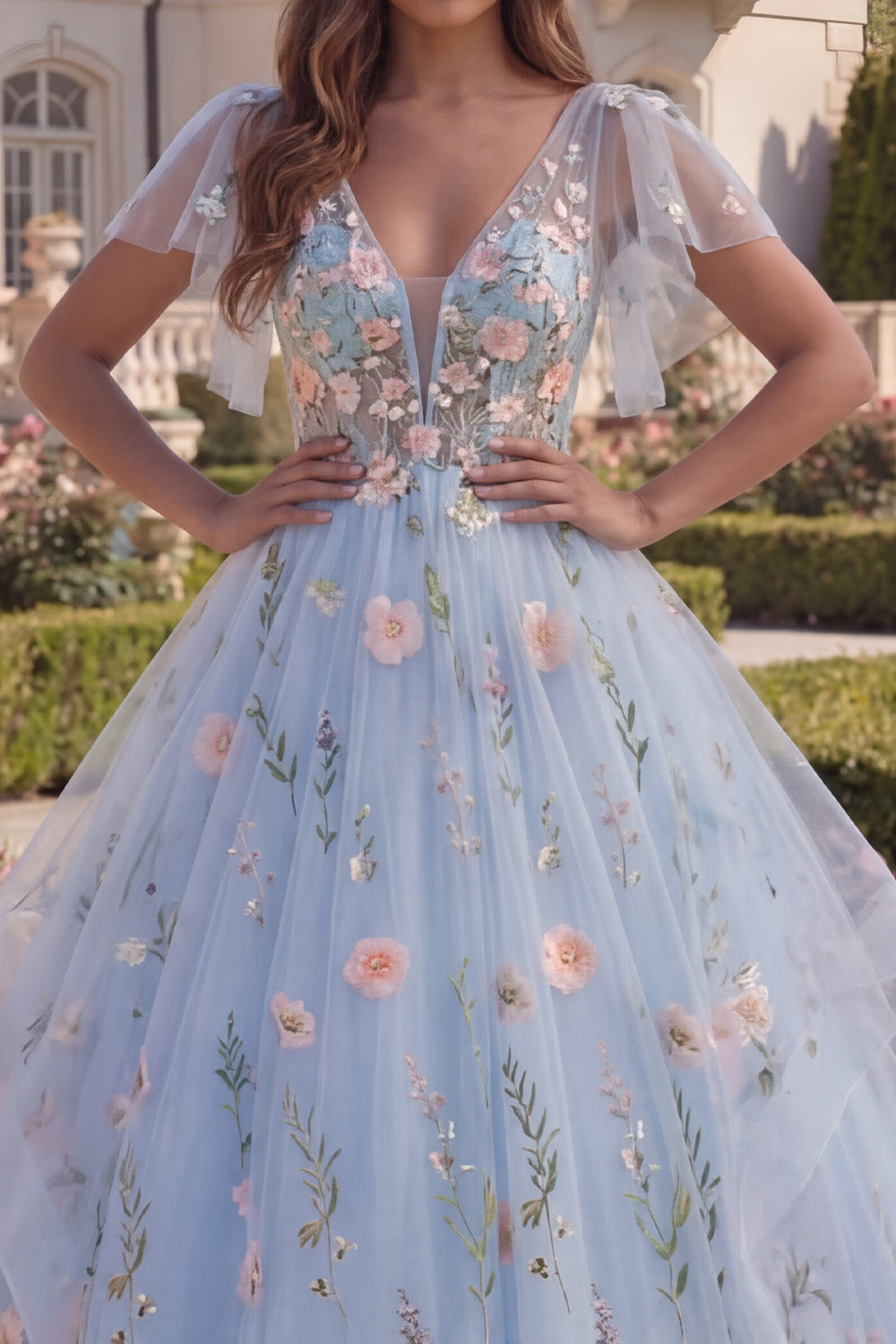 Blue Floral V Neck Ball Gown Corset Long Prom Dress with Ruffles