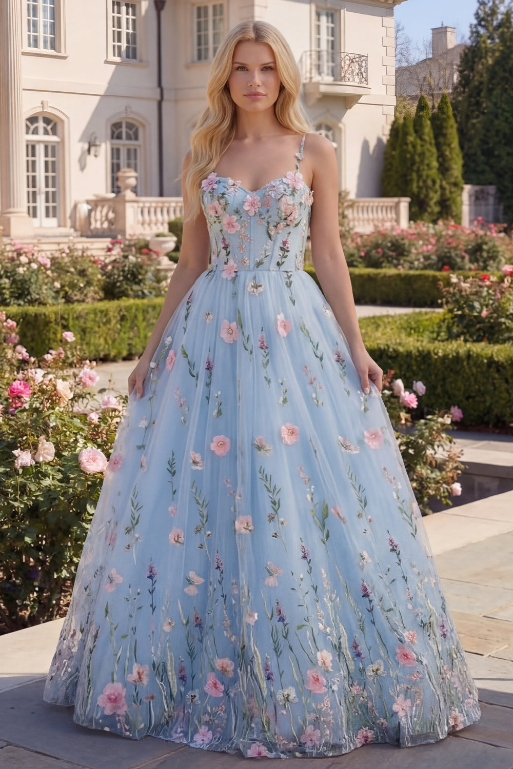 A Line Blue Floral Spaghetti Straps Corset Maxi Prom Dress