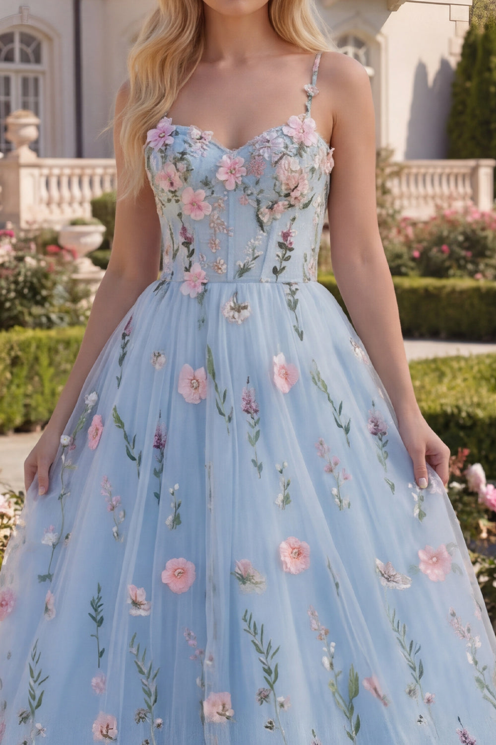 A Line Blue Floral Spaghetti Straps Corset Maxi Prom Dress