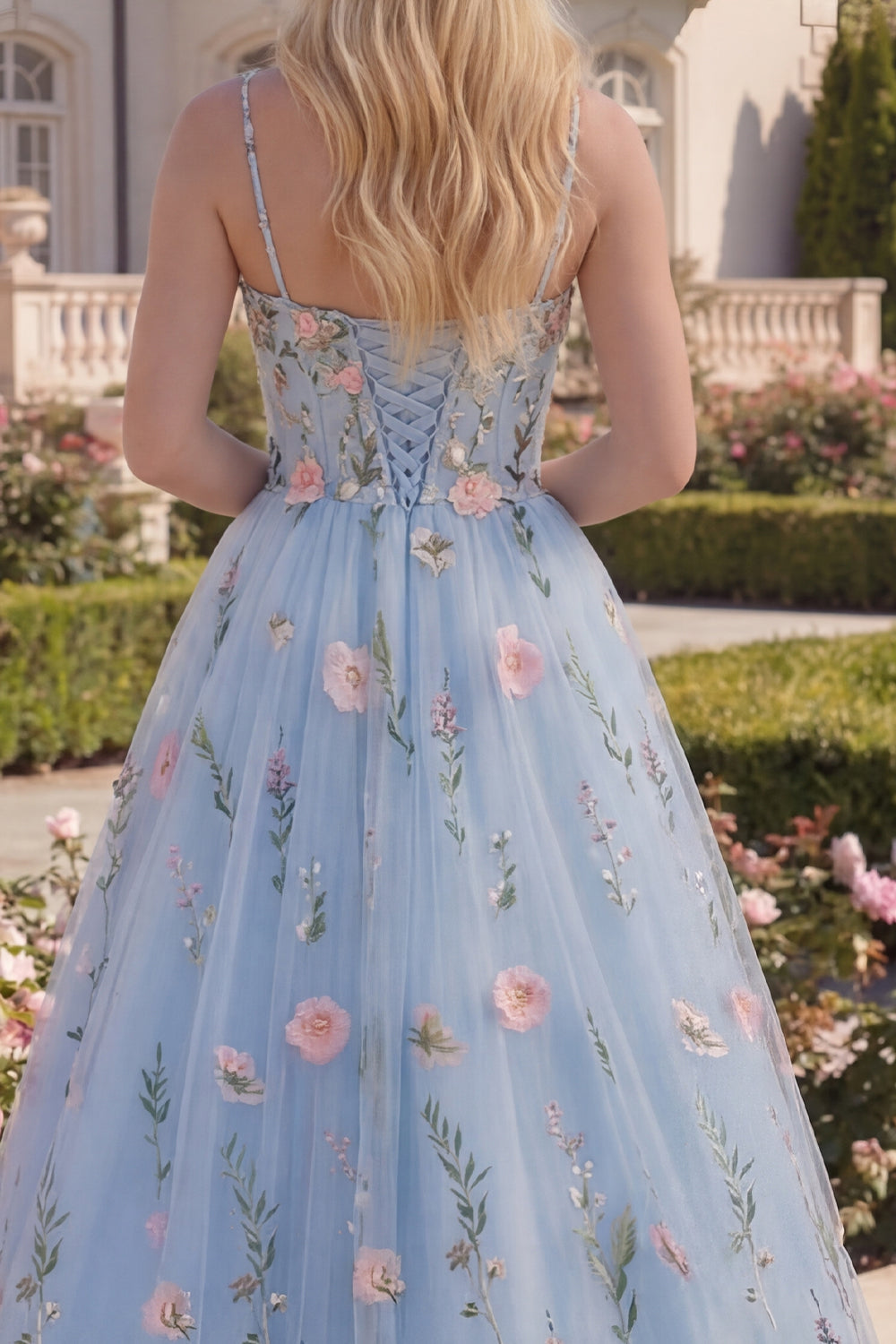 A Line Blue Floral Spaghetti Straps Corset Maxi Prom Dress