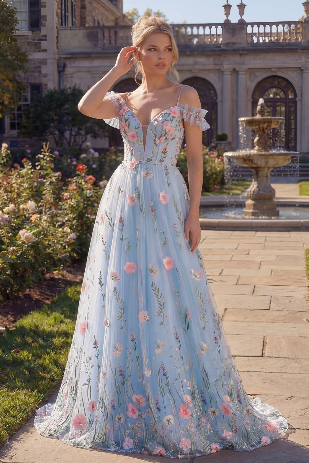 A Line Floral Blue Corset Cold Shoulder Long Prom Dress