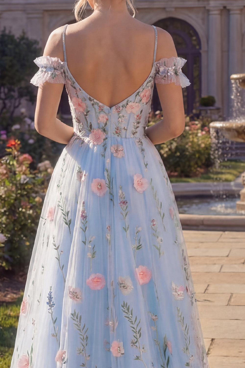 A Line Floral Blue Corset Cold Shoulder Long Prom Dress