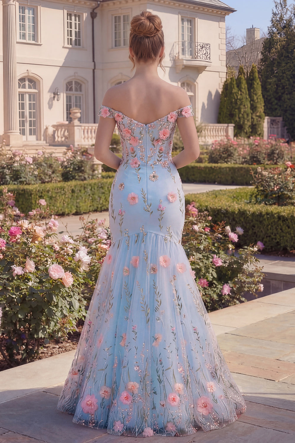 Blue Off the Shoulder Mermaid Floral Long Corset Prom Dress