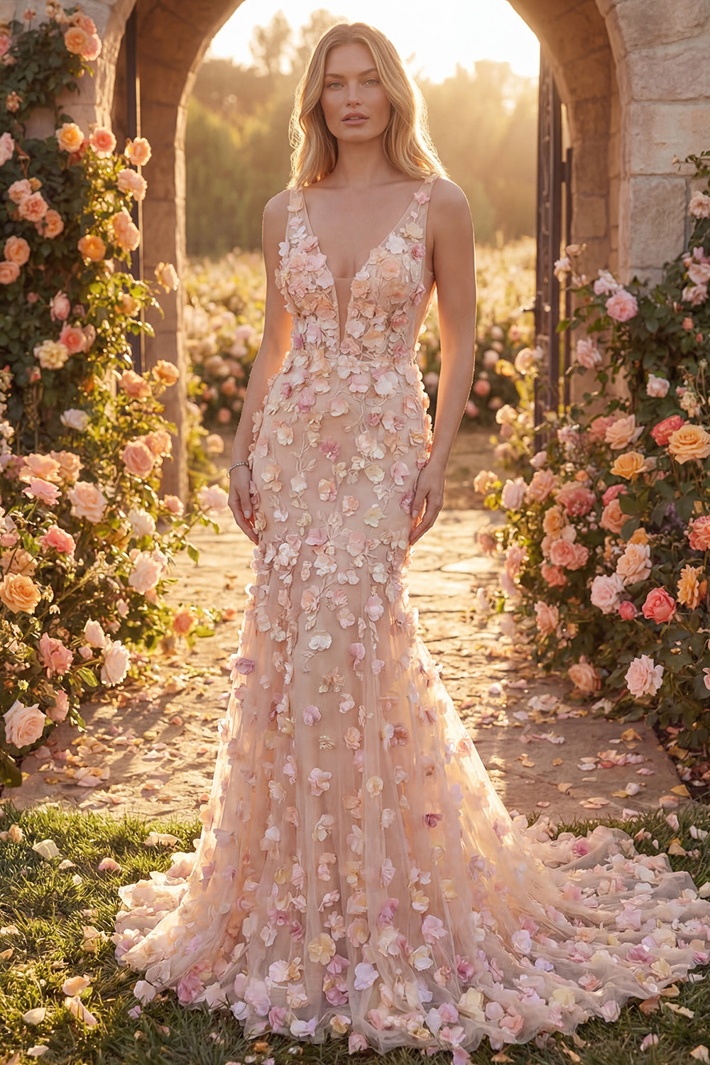 Champagne Mermaid V-Neck Long Prom Dress with 3D Flowers