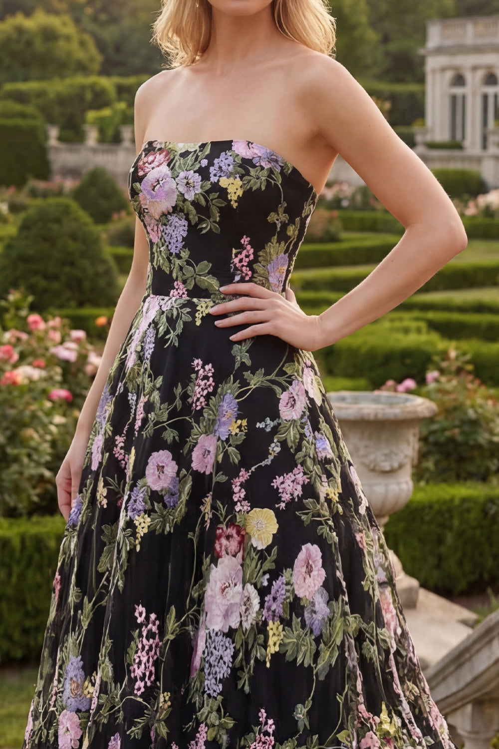 Black Pink Flower Ball Gown Srtapless Long Prom Dress