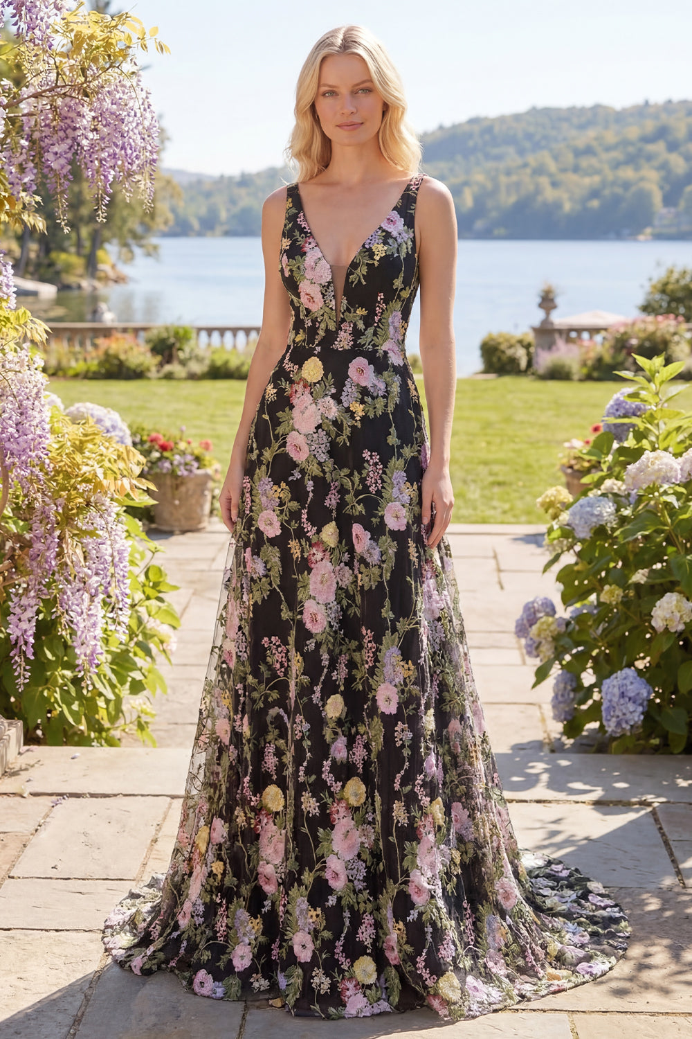 Black Pink A Line Floral V Neck Maxi Prom Dress