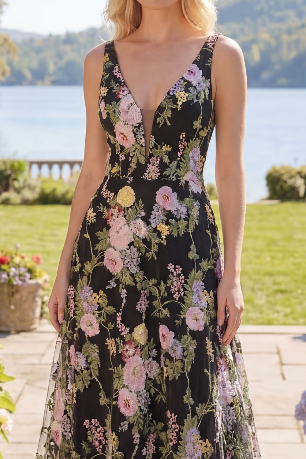 Black Pink A Line Floral V Neck Maxi Prom Dress