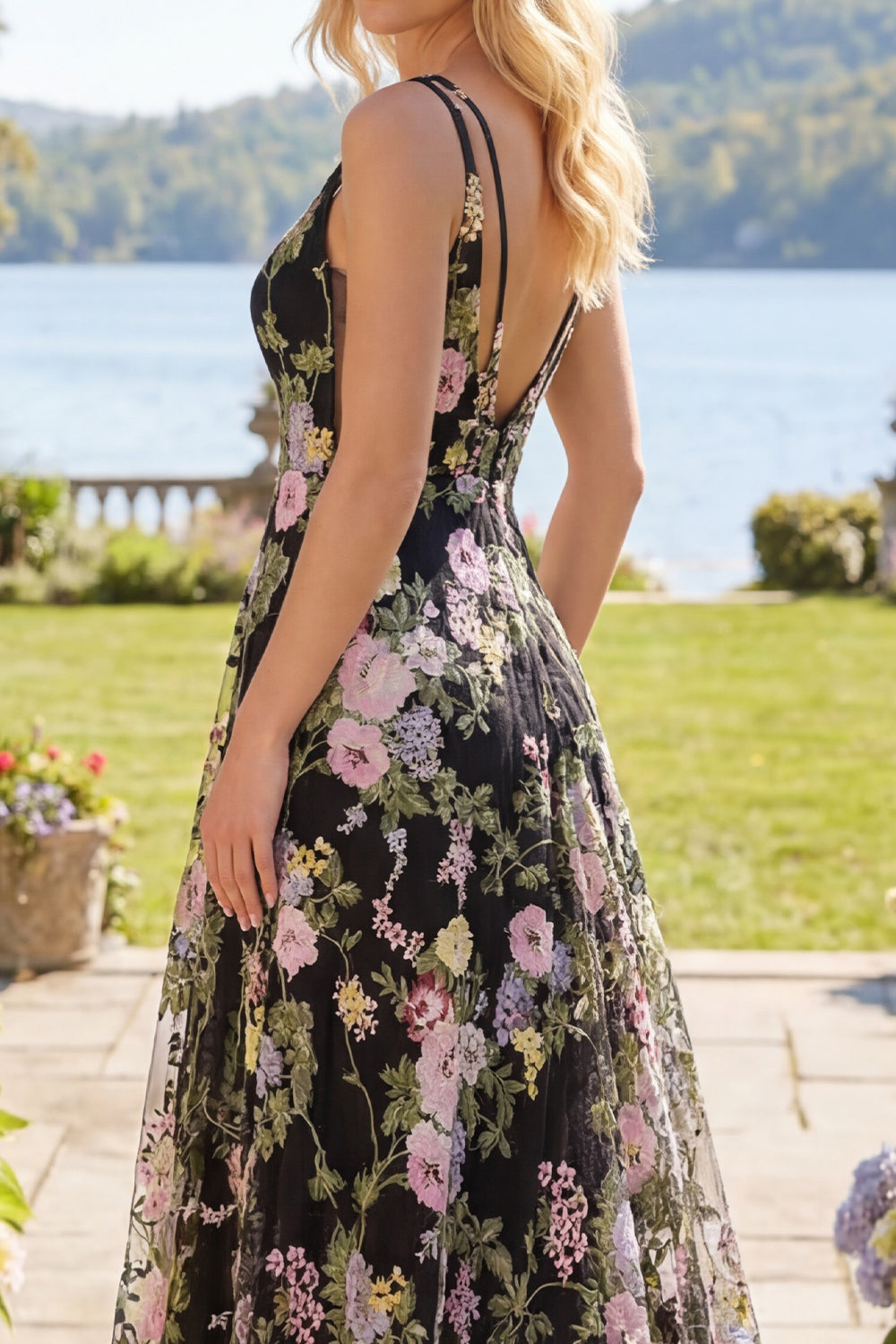 Black Pink A Line Floral V Neck Maxi Prom Dress