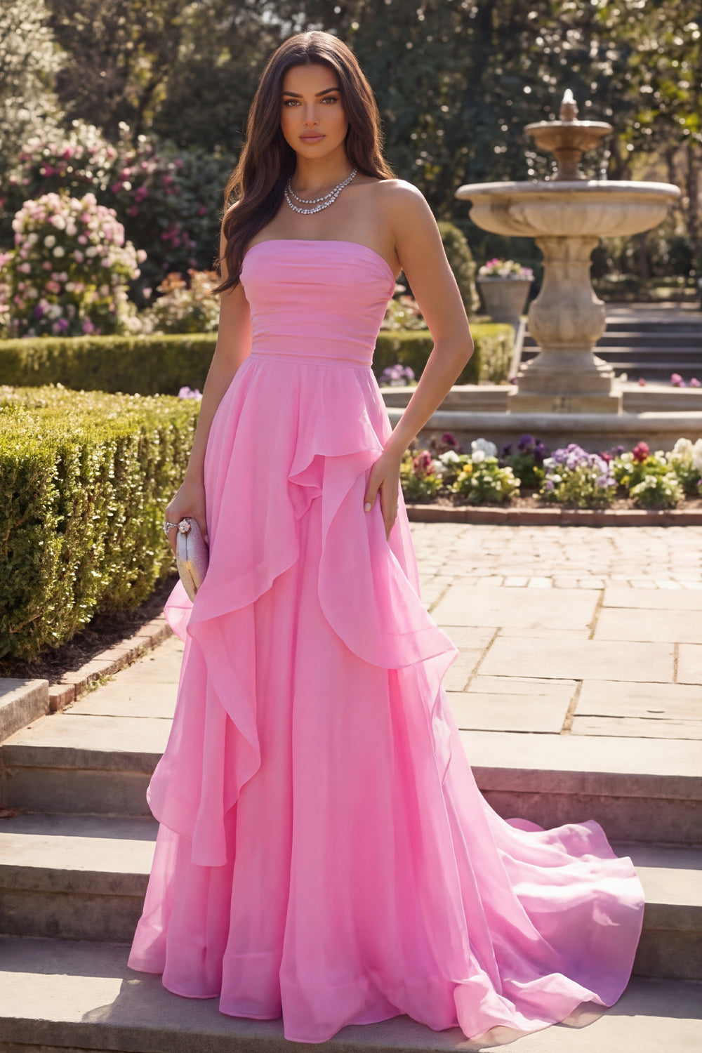 Hot Pink A Line Ruched Strapless Maxi Prom Dress with Ruffles