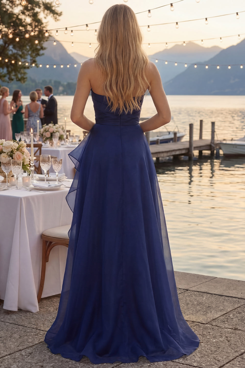 Navy A Line Ruffled Ruched Strapless Maxi Prom Dress with Slit