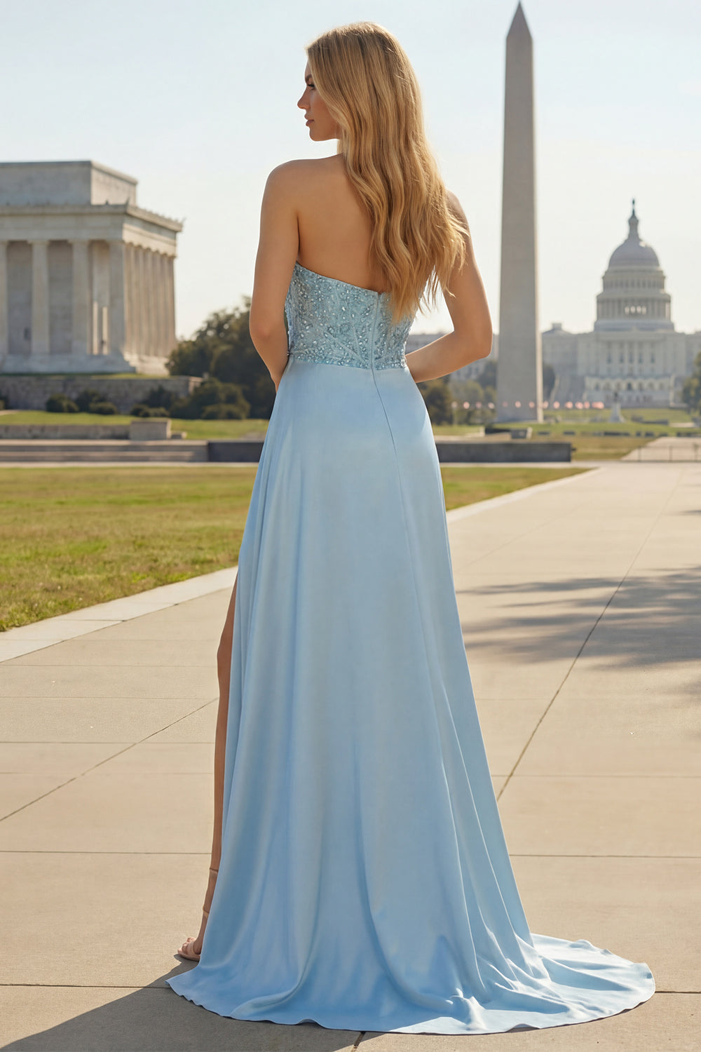 Sparkly Blue Mermaid Beaded Ruched Long Prom Dress with Side Cape