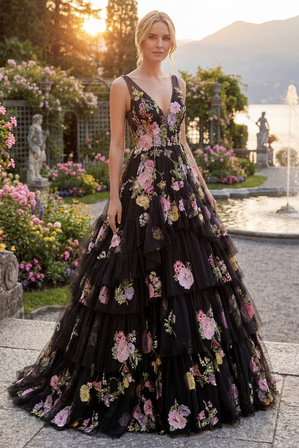 Black Pink Flower Ball Gown V Neck Ruffled Long Prom Dress