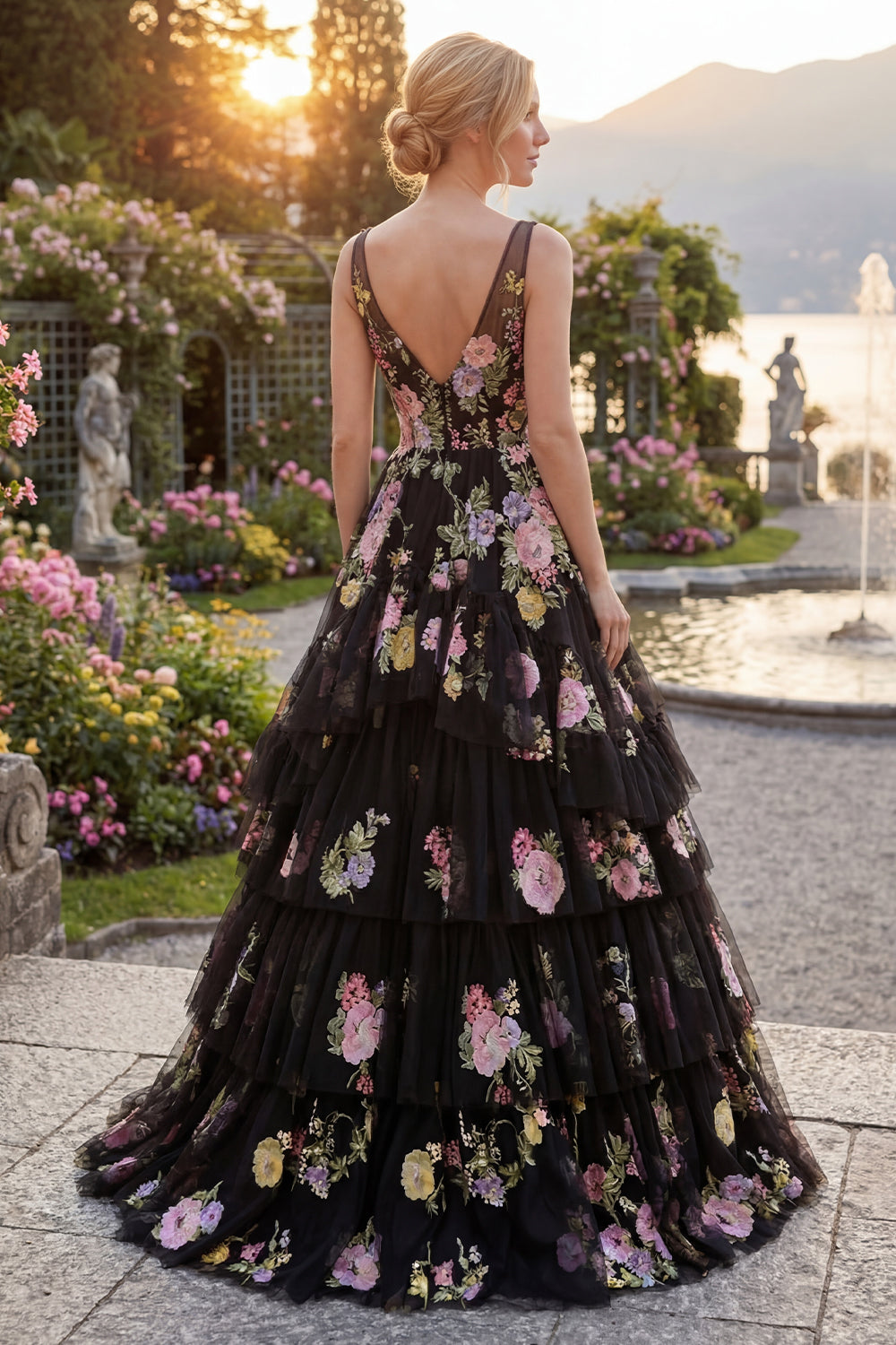 Black Pink Flower Ball Gown V Neck Ruffled Long Prom Dress