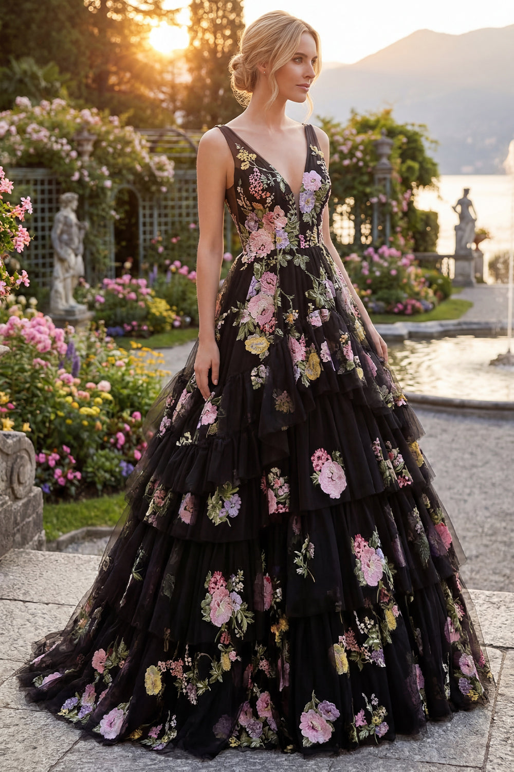 Black Pink Flower Ball Gown V Neck Ruffled Long Prom Dress