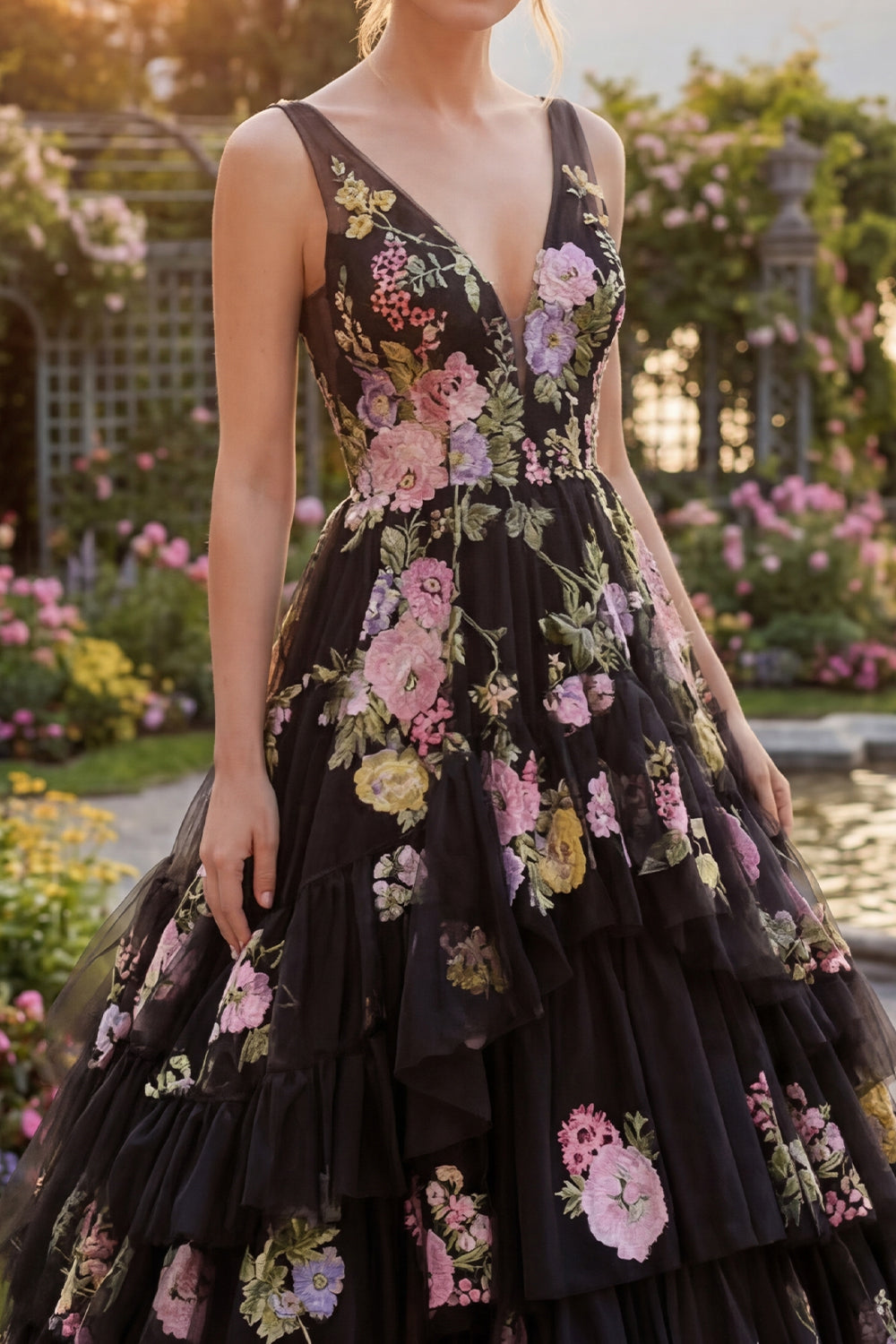 Black Pink Flower Ball Gown V Neck Ruffled Long Prom Dress