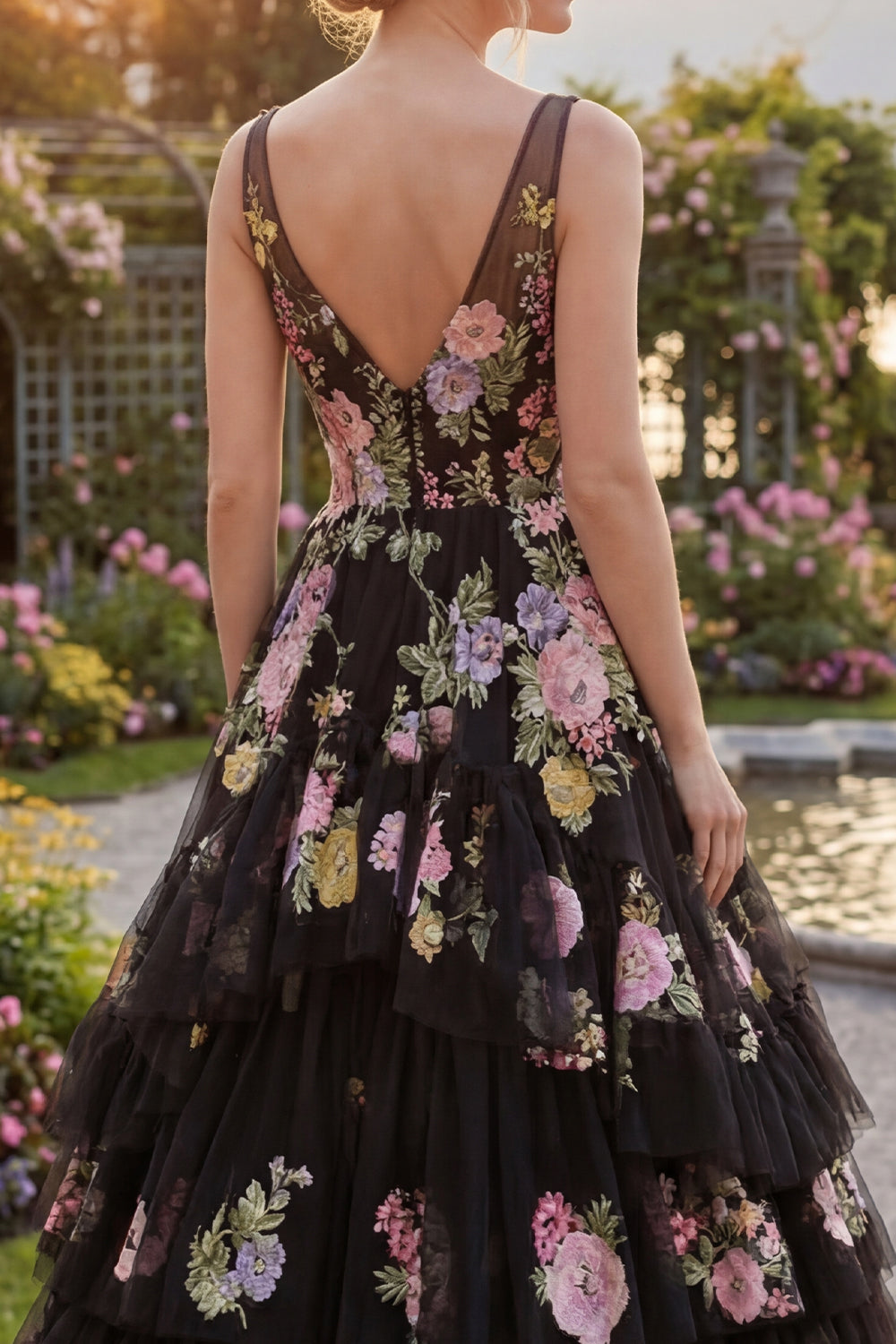 Black Pink Flower Ball Gown V Neck Ruffled Long Prom Dress