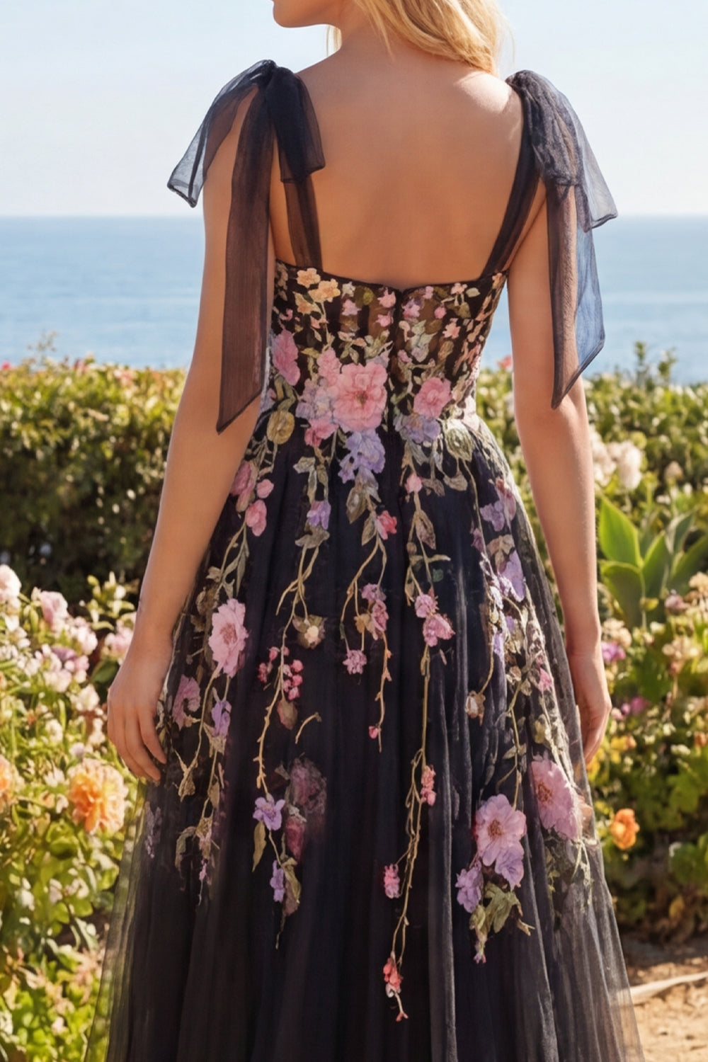 Black Pink Flower Corset Tulle A Line Bow Tie Long Prom Dress with Slit
