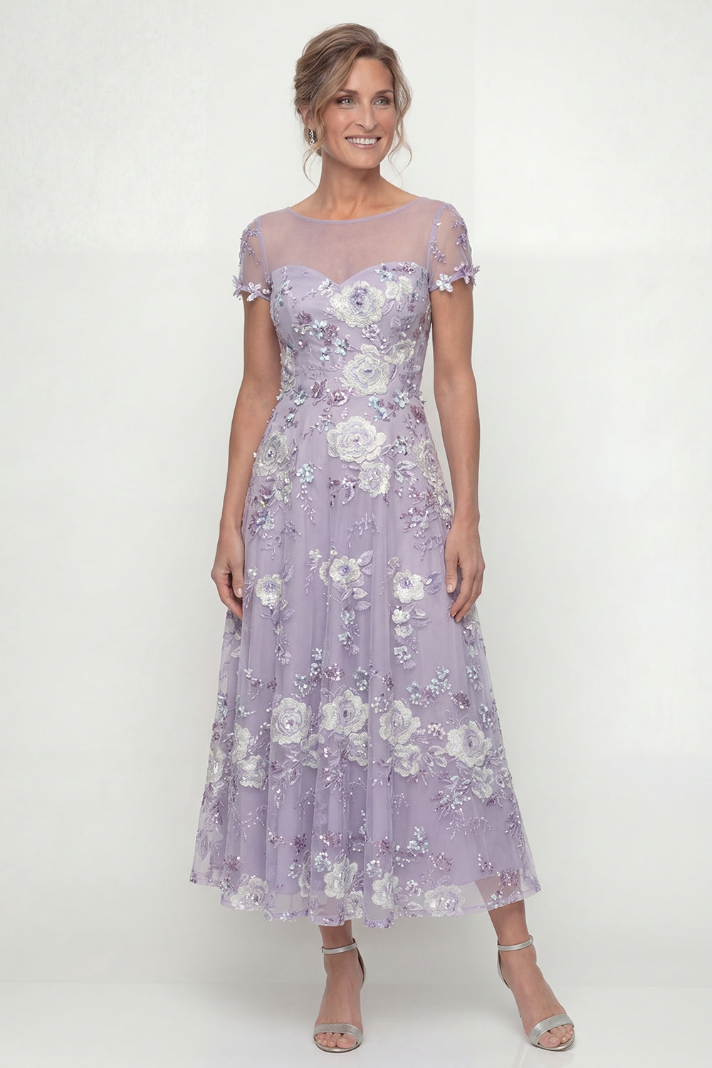 Dusty Purple Floral Appliqued A Line Maxi Wedding Guest Dress with Sleeves