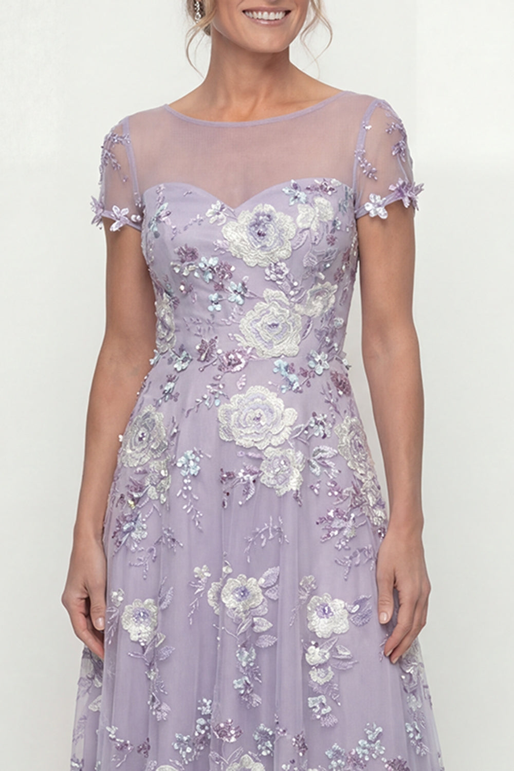Dusty Purple Floral Appliqued A Line Maxi Wedding Guest Dress with Sleeves
