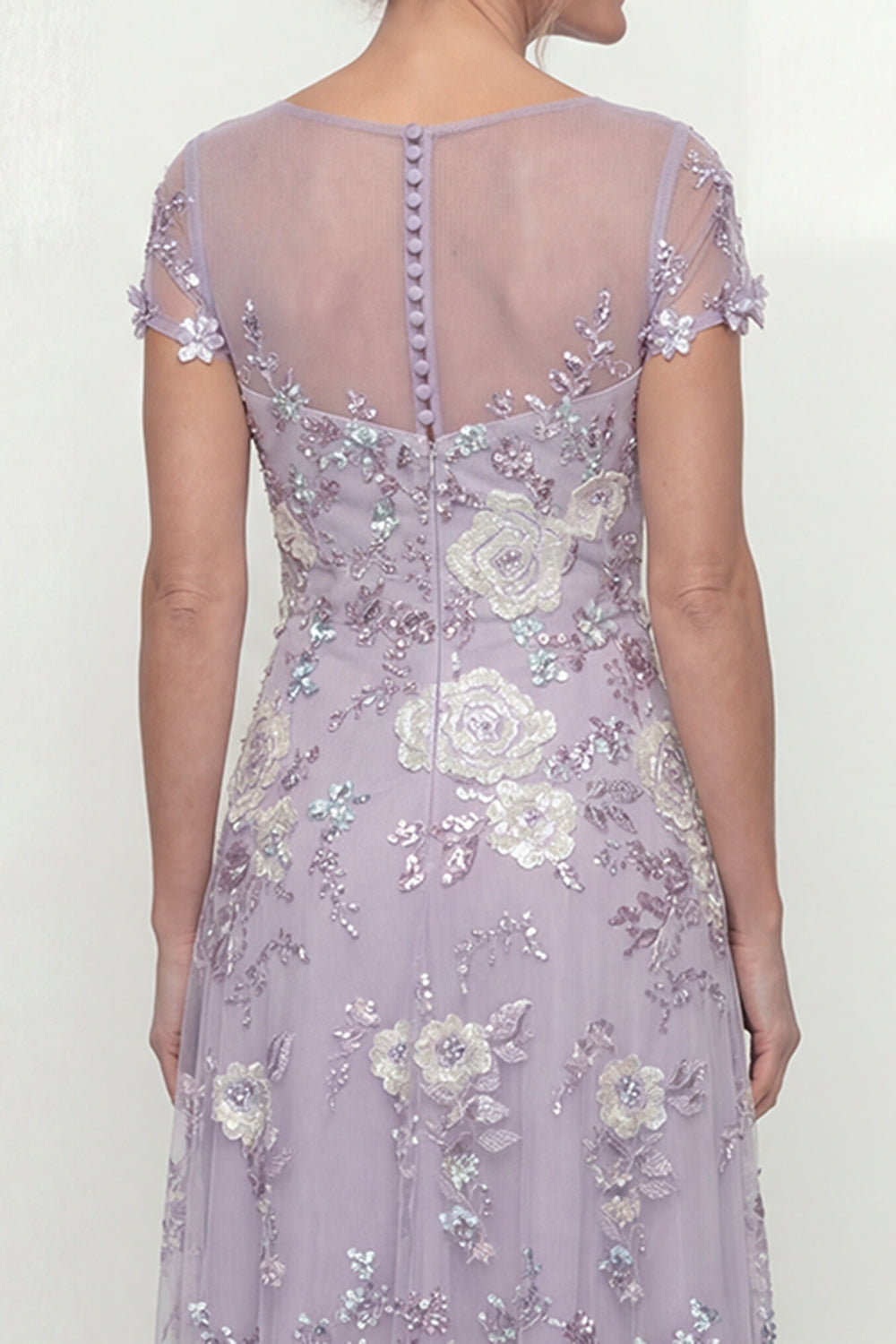 Dusty Purple Floral Appliqued A Line Maxi Wedding Guest Dress with Sleeves