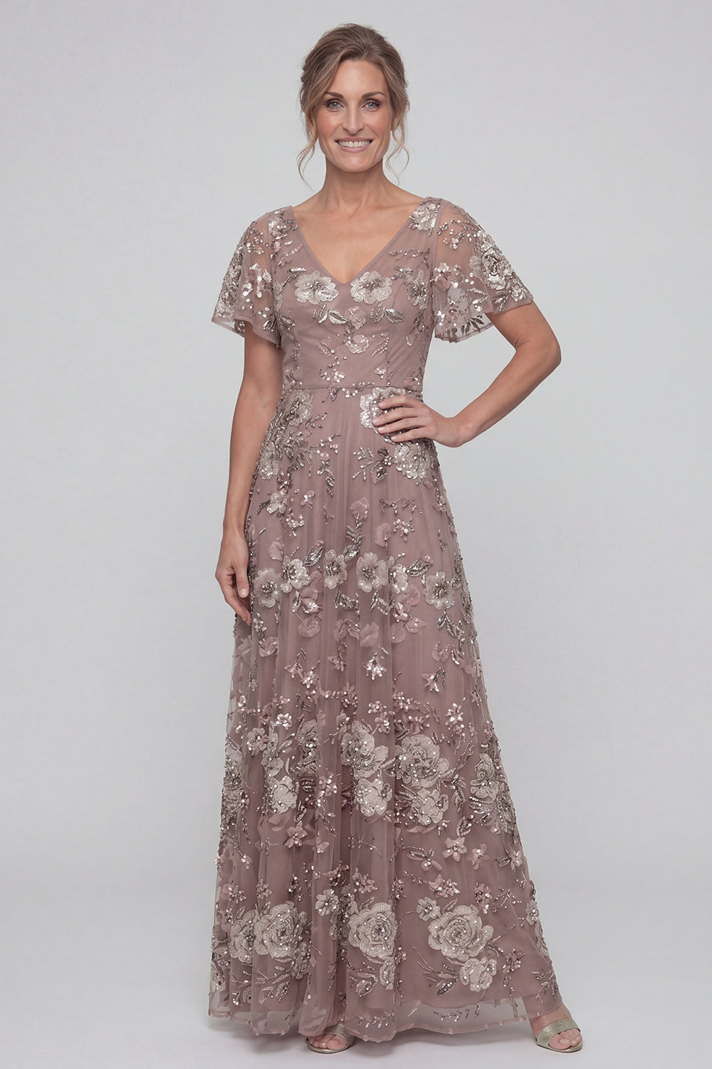 Dusty Rose V Neck A Line Floral Wedding Guest Dress with Sleeves