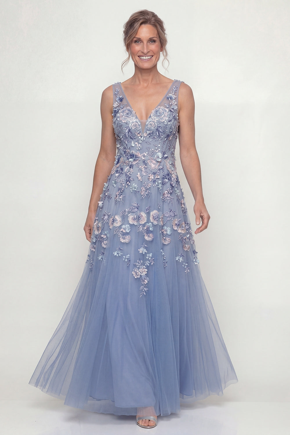 Dusty BlueA Line Floral Tulle Maxi Wedding Guest Dress