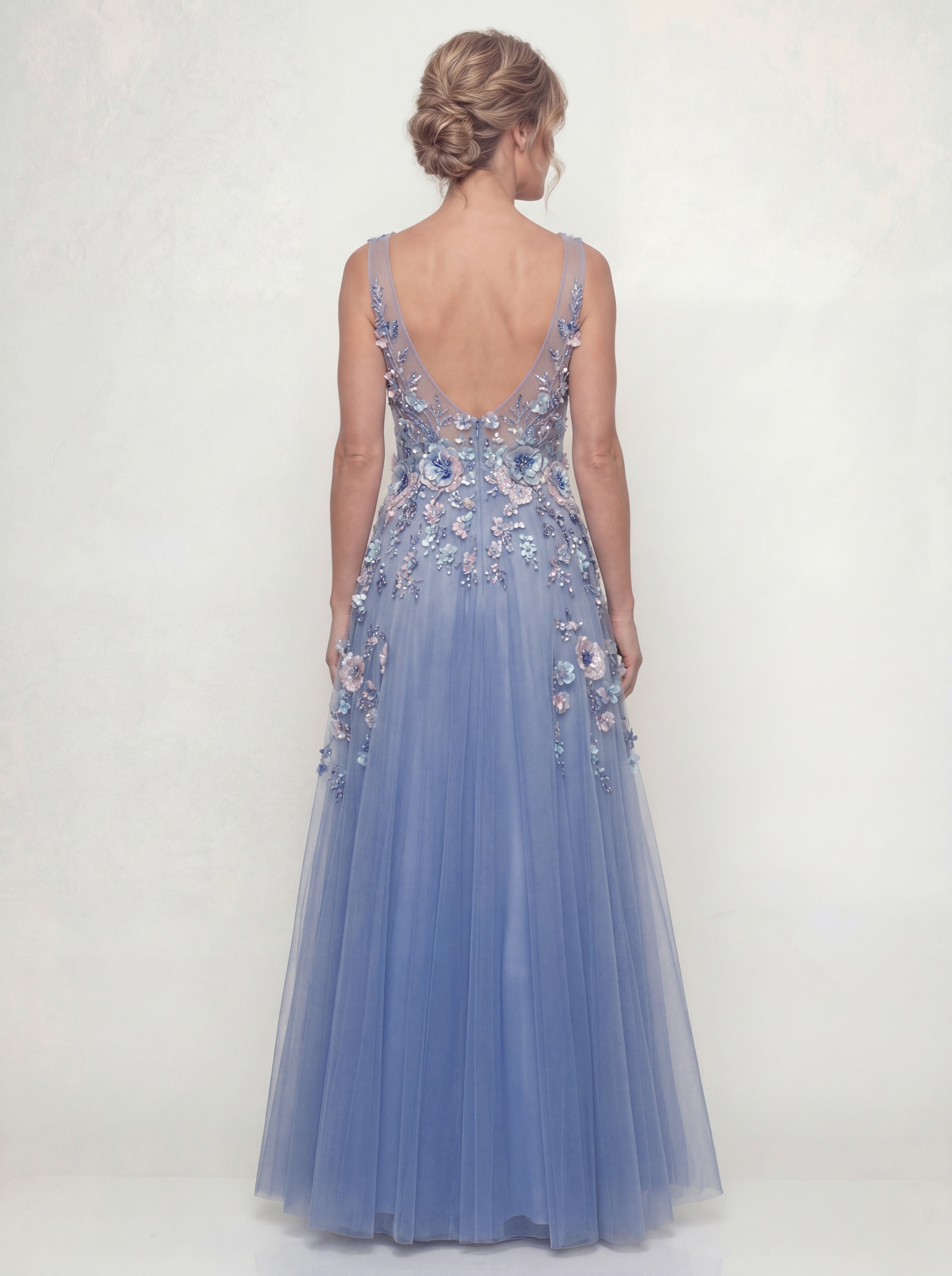 Dusty BlueA Line Floral Tulle Maxi Wedding Guest Dress