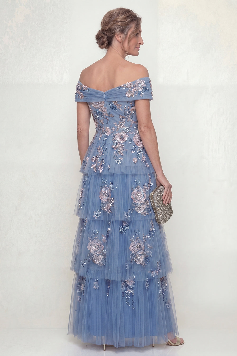 Dusty Blue Ruffled A Line Floral Long Wedding Guest Dress