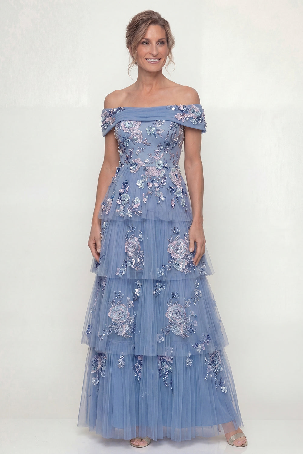 Dusty Blue Ruffled A Line Floral Long Wedding Guest Dress