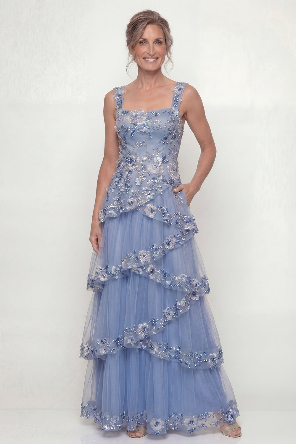 Sparkly Dusty Blue Ruffled A Line Tuered Long Wedding Guest Dress