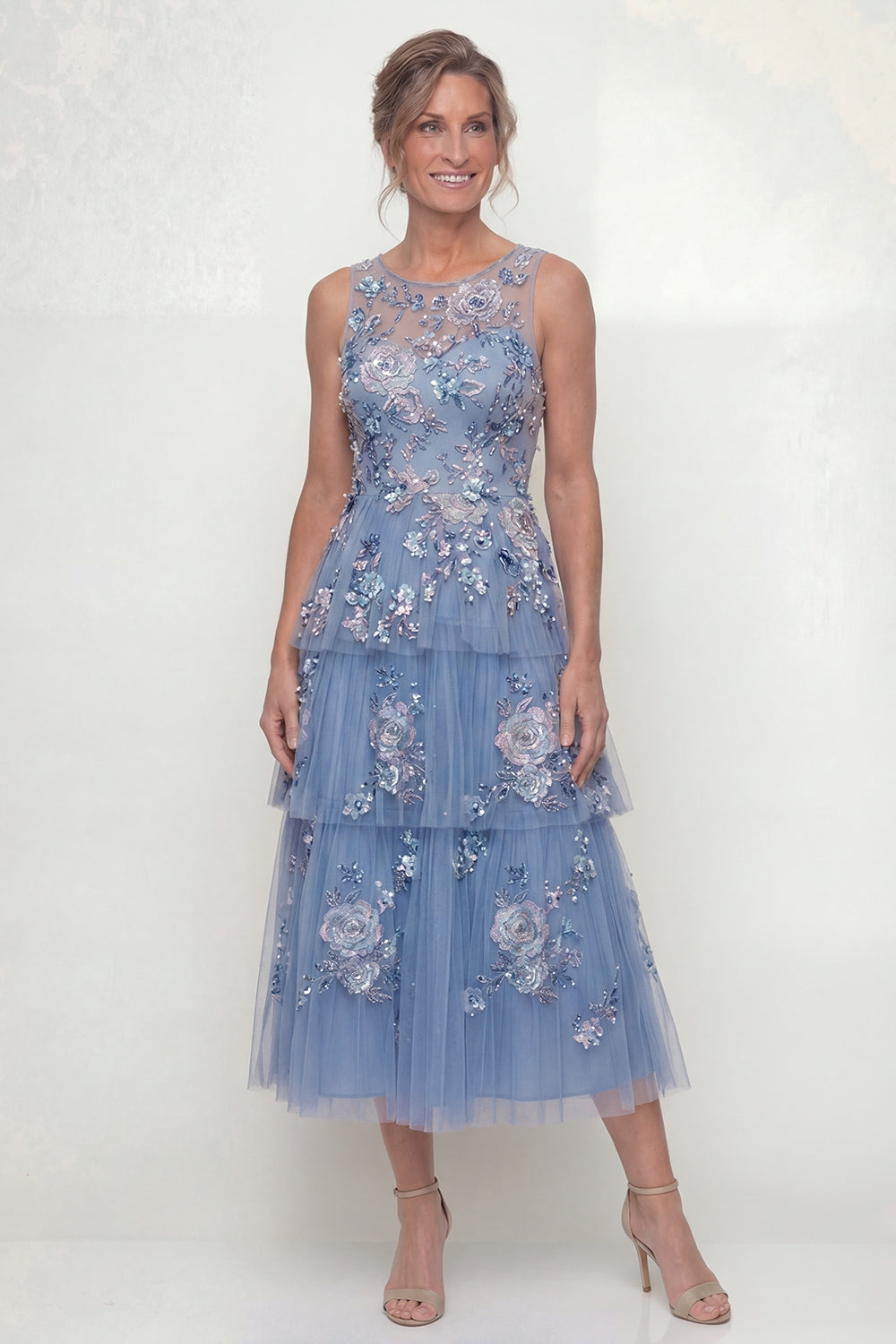 Sparkly Dusty Blue Blue A Line Tiered Long Wedding Guest Dress with Ruffles