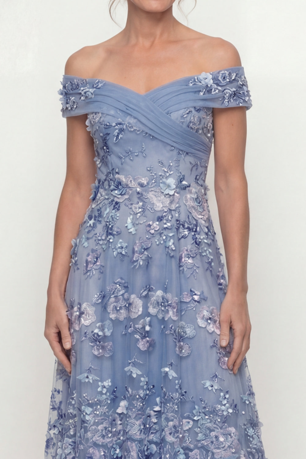 Sparkly Dusty Blue Off the Shoulder A Line Long Wedding Guest Dress