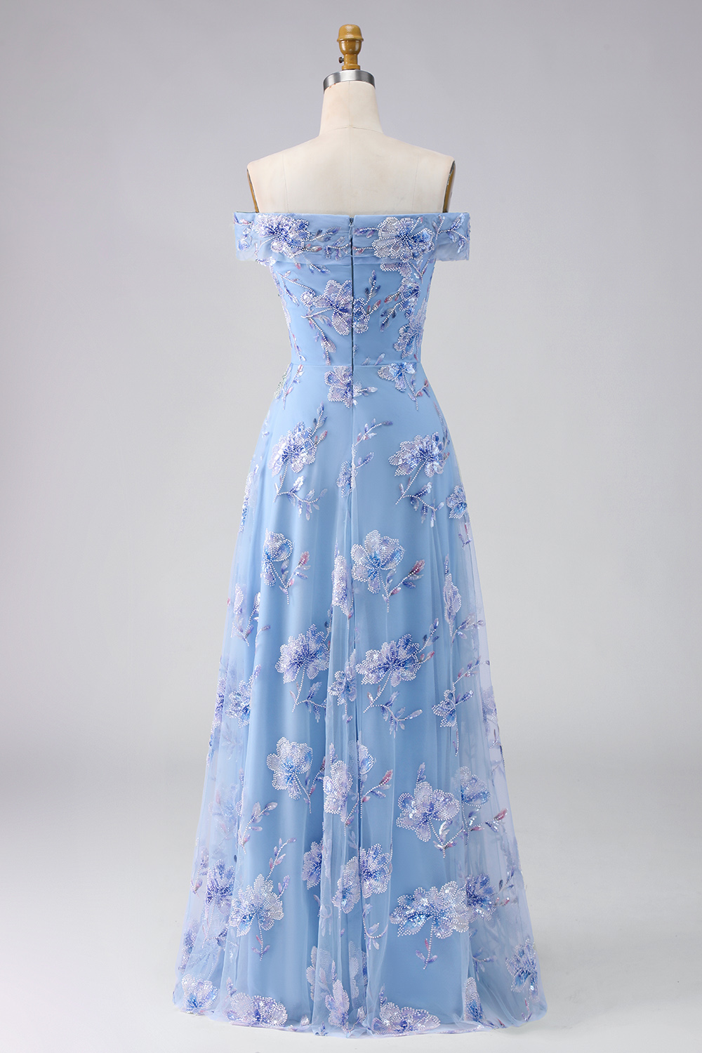 Sparkly Grey Blue Off the Shoulder A Line Long Wedding Guest Dress