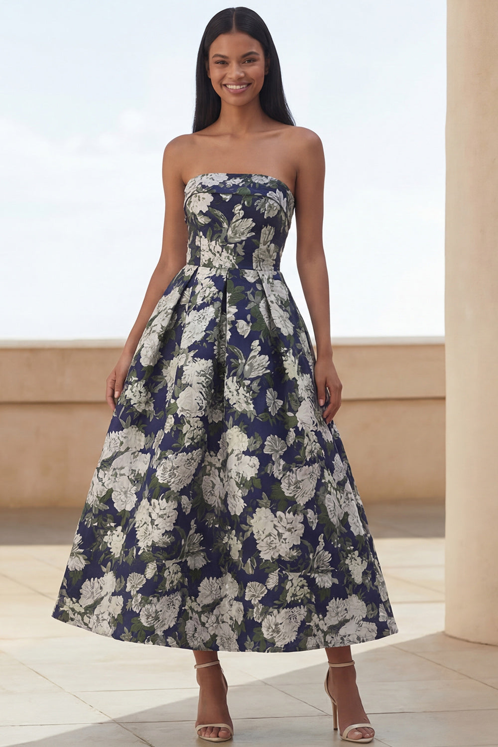 Navy Flower A Line Strapless Maxi Wedding Guest Dress