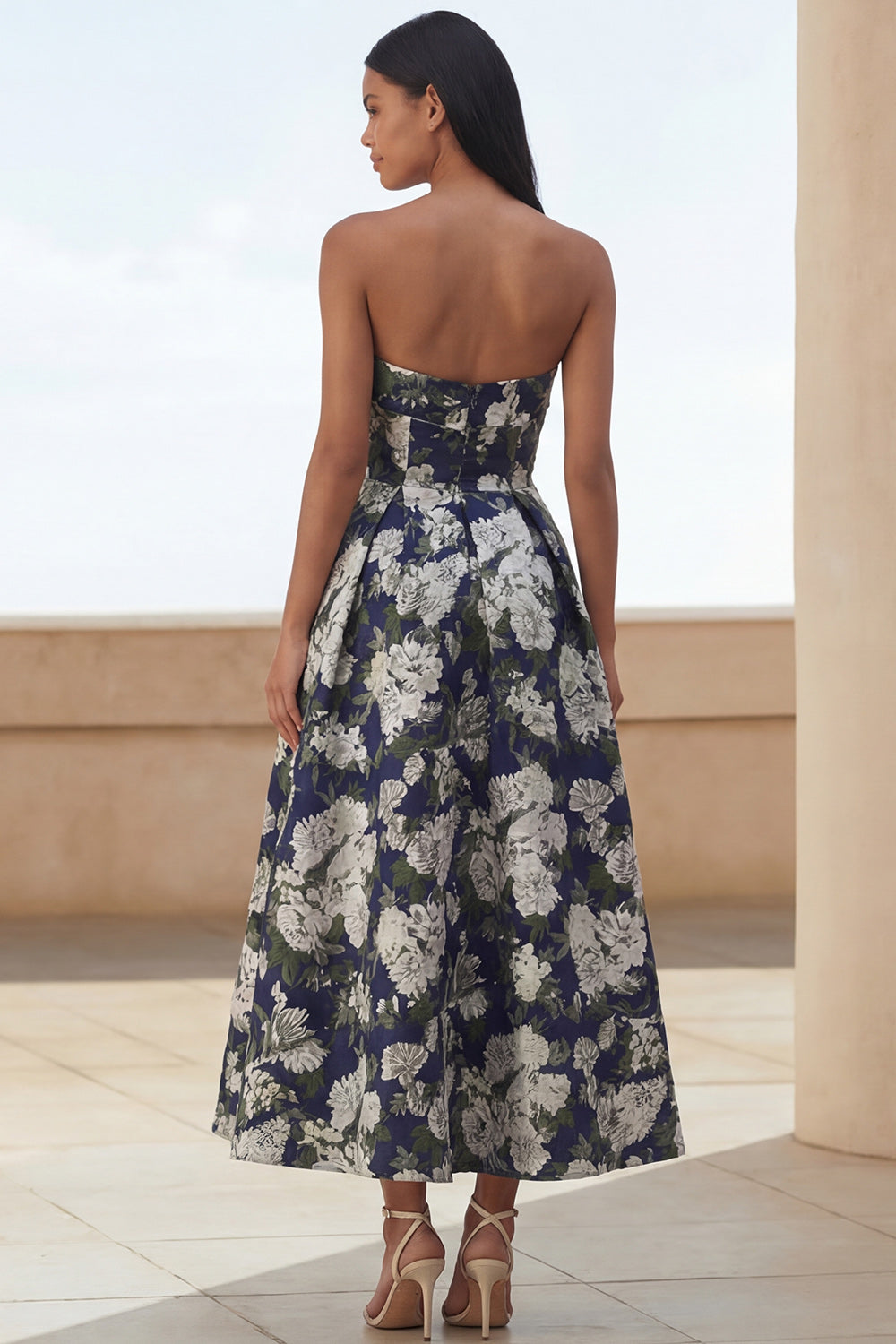 Navy Flower A Line Strapless Maxi Wedding Guest Dress