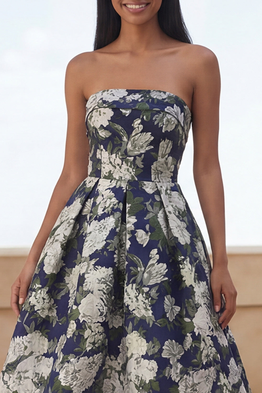Navy Flower A Line Strapless Maxi Wedding Guest Dress