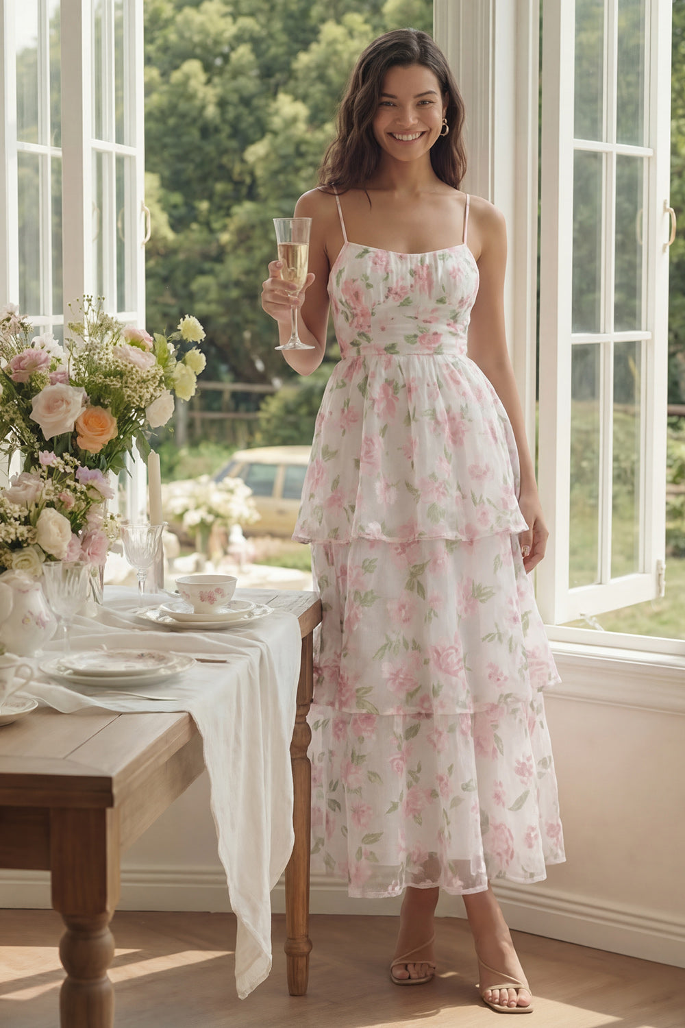 White Pink Corset A Line Floral Ruffled Maxi Wedding Guest Dress