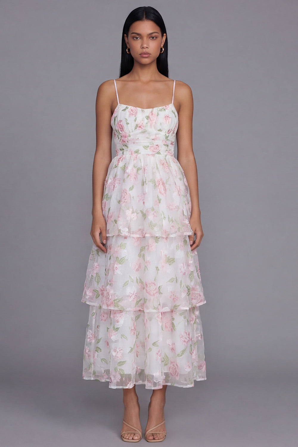 White Pink Corset A Line Floral Ruffled Maxi Wedding Guest Dress