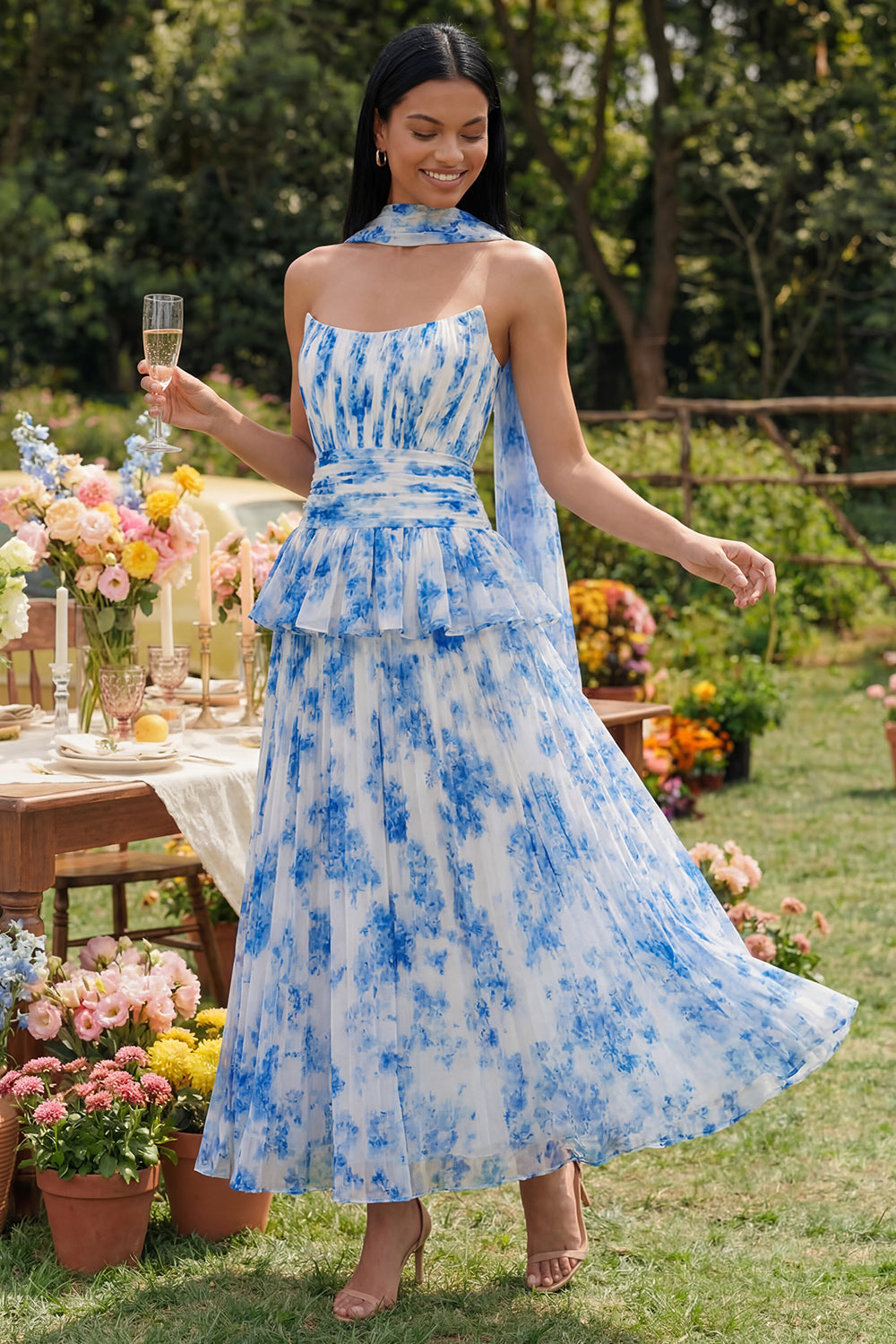 White Blue Ruffled A Line Floral Maxi Wedding Guest Dress with Pleats