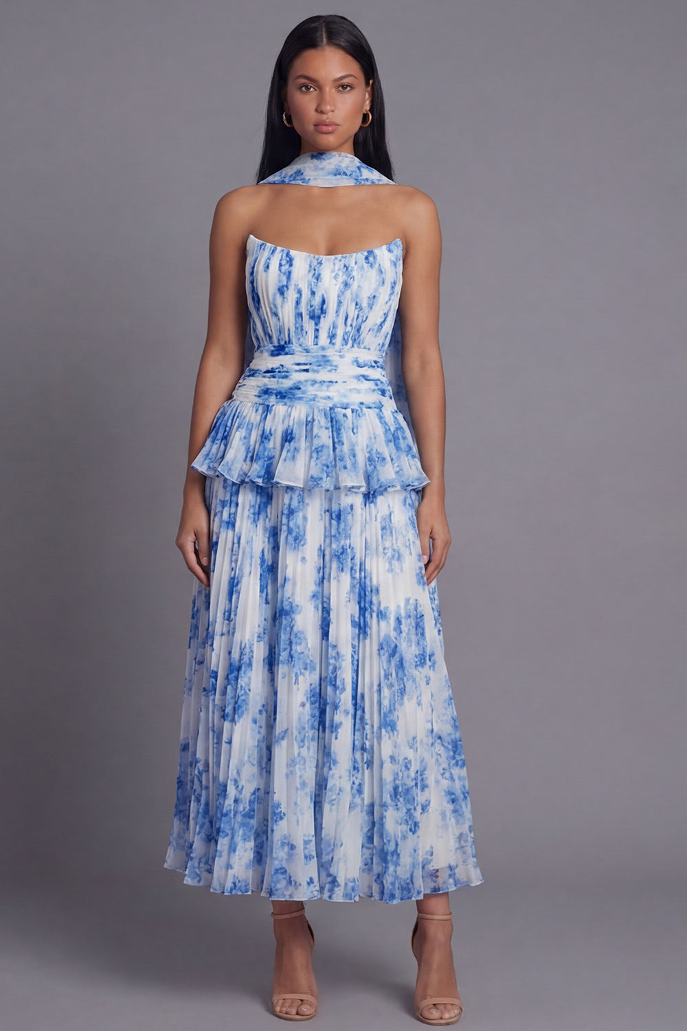 White Blue Ruffled A Line Floral Maxi Wedding Guest Dress with Pleats