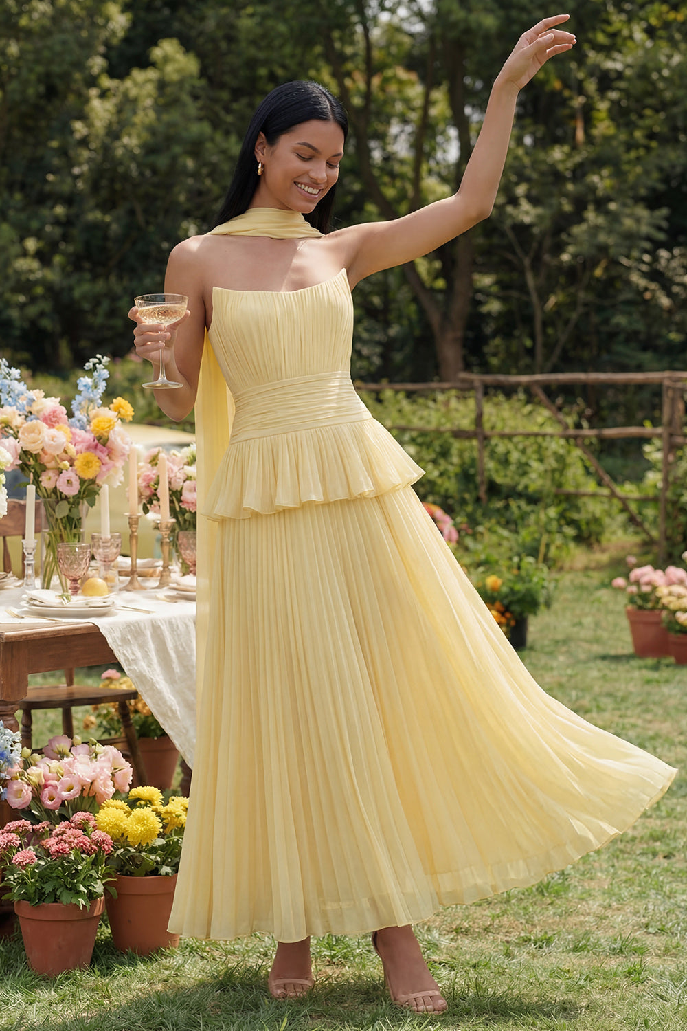 White Blue Ruffled A Line Floral Maxi Wedding Guest Dress with Pleats