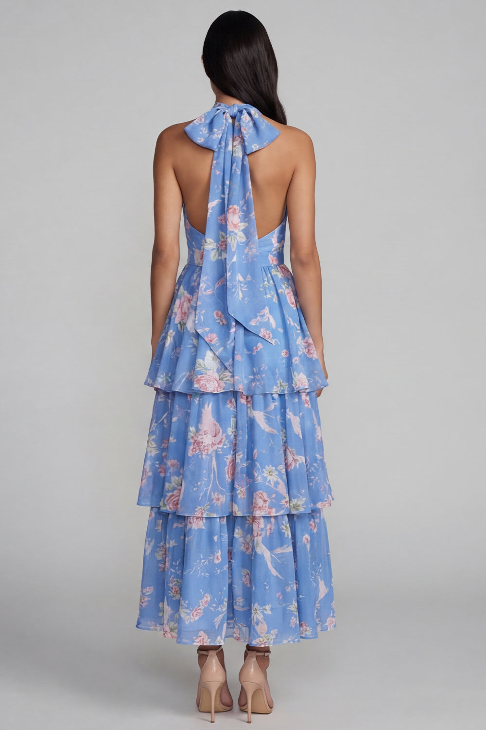 White Pink Ruffled A Line Halter Floral Maxi Wedding Guest Dress with Bow