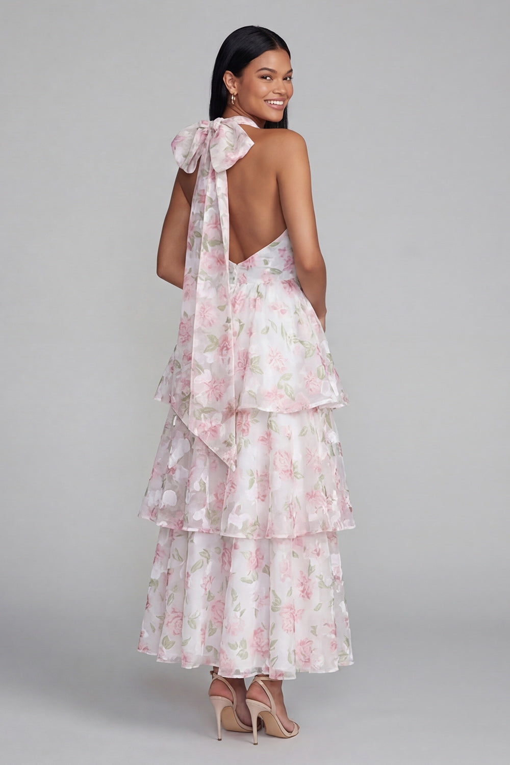 White Pink Ruffled A Line Halter Floral Maxi Wedding Guest Dress with Bow