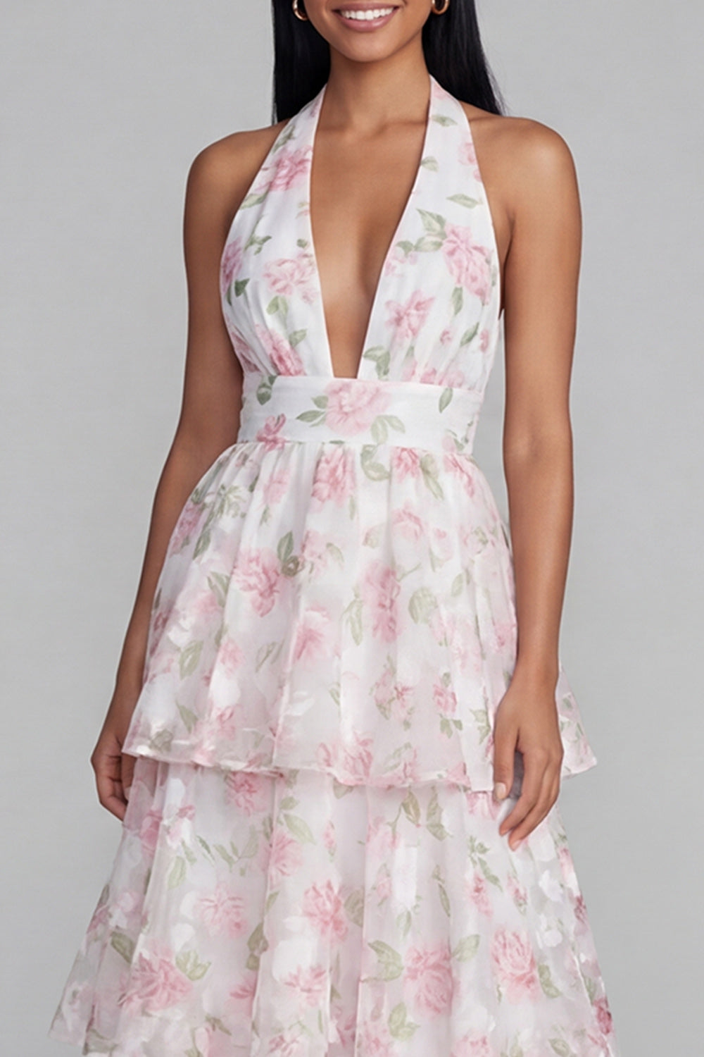 White Pink Ruffled A Line Halter Floral Maxi Wedding Guest Dress with Bow