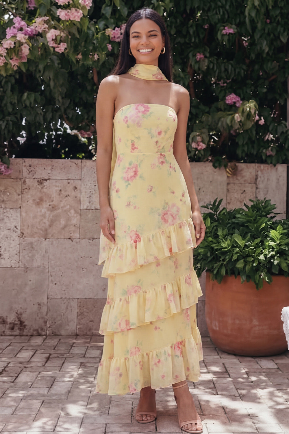 Yellow Floral Sheath Maxi Strapless Wedding Guest Dress