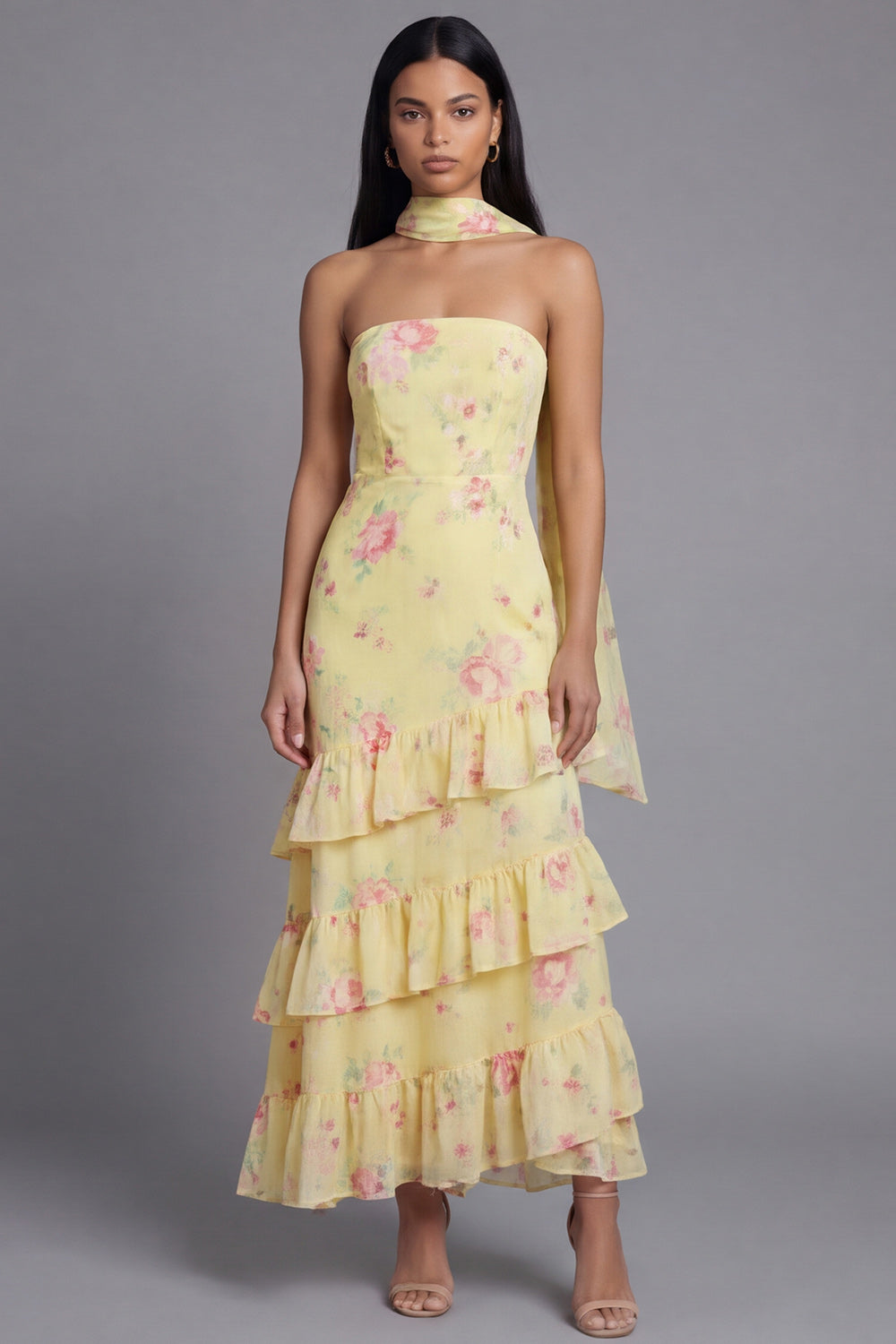Yellow Floral Sheath Maxi Strapless Wedding Guest Dress
