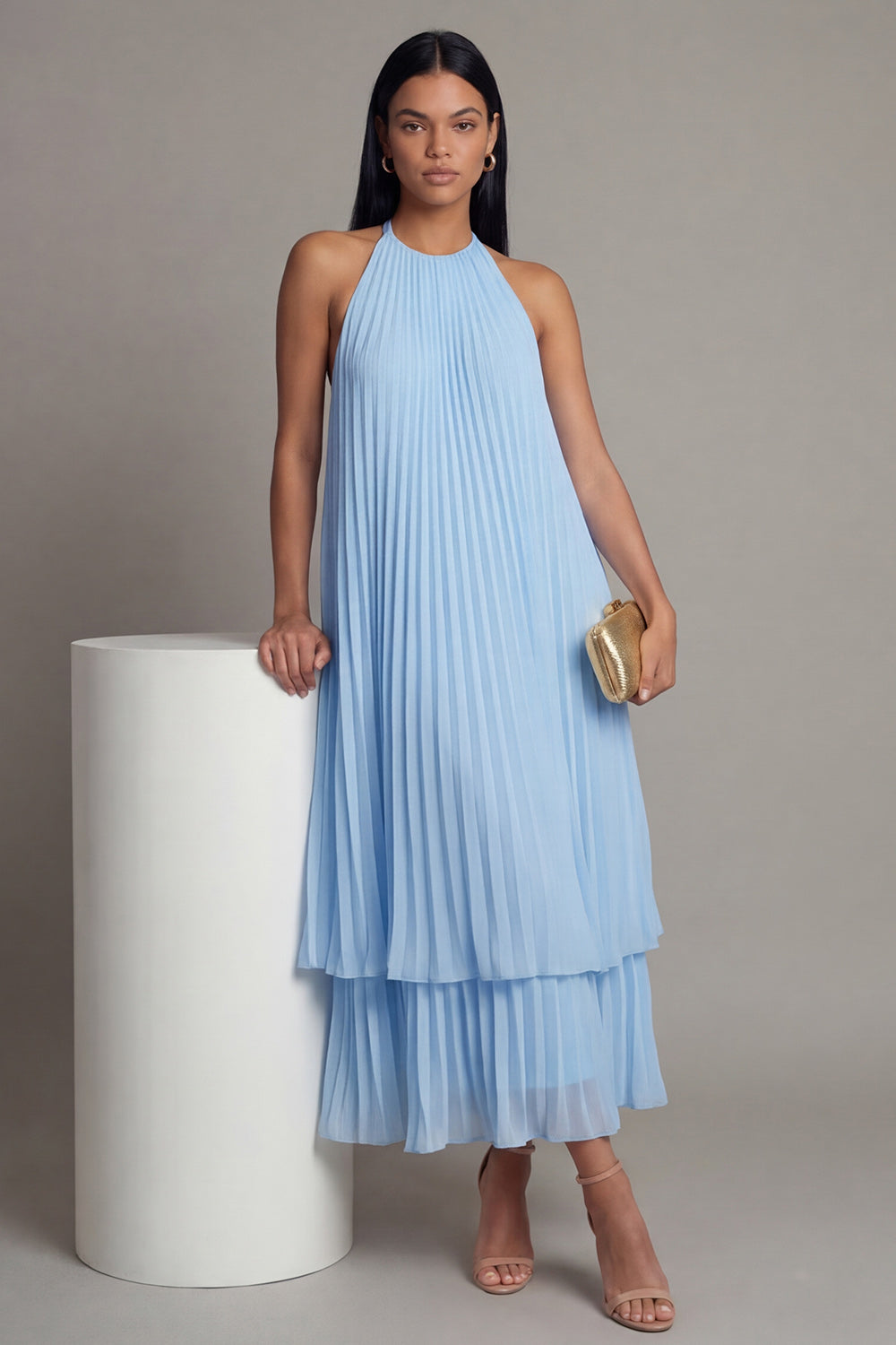 White Blue Flower A Line Long Wedding Guest Dress with Pleats