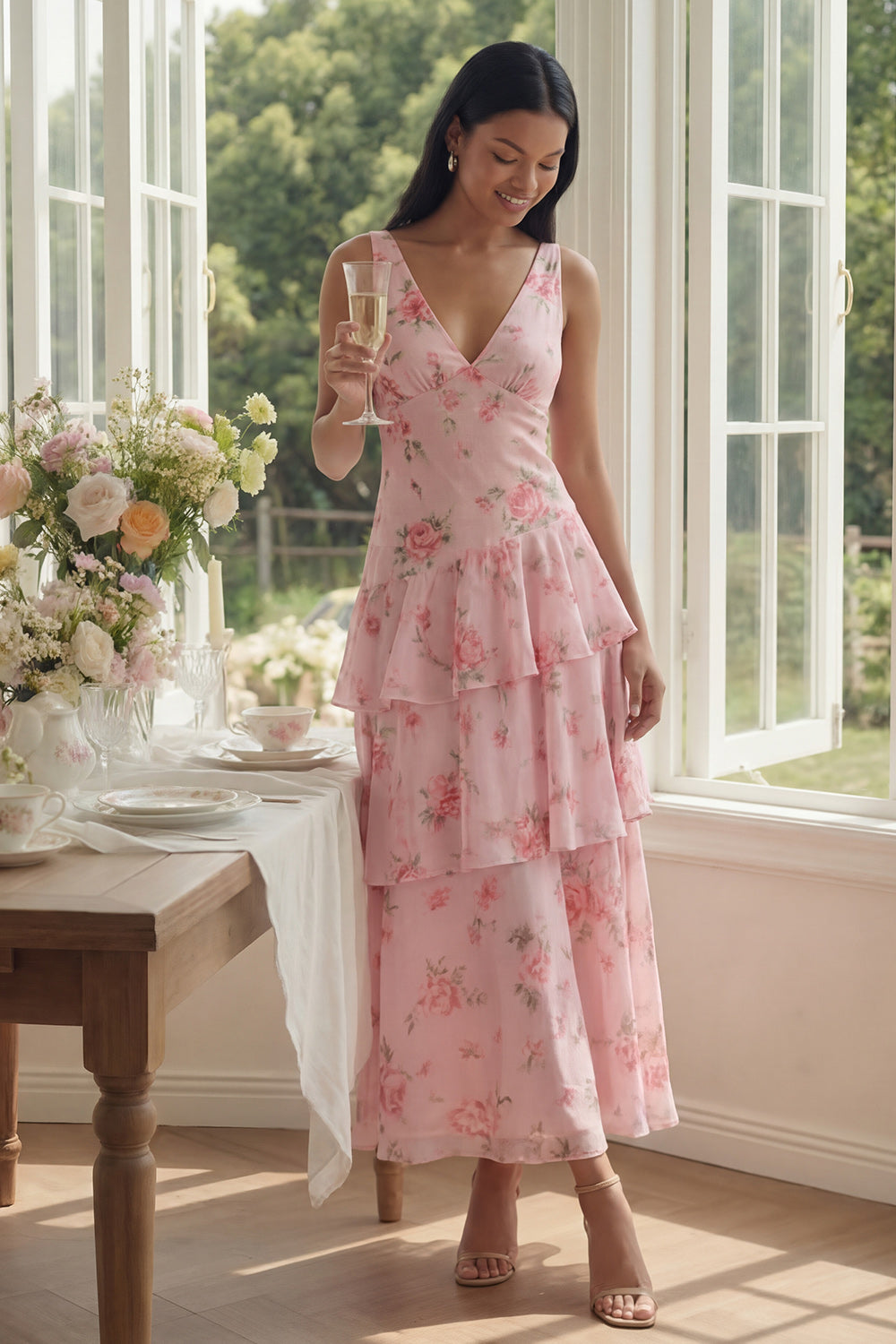 Pink V Neck Ruffled Floral A Line Maxi Wedding Guest Dress