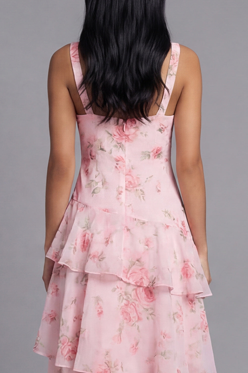 Pink V Neck Ruffled Floral A Line Maxi Wedding Guest Dress