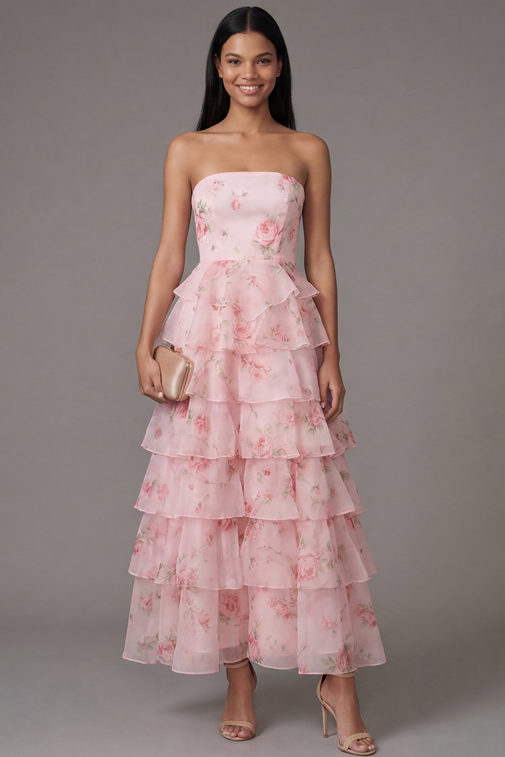 Pink A Line Floral Tiered Strapless Long Wedding Guest Dress with Ruffles